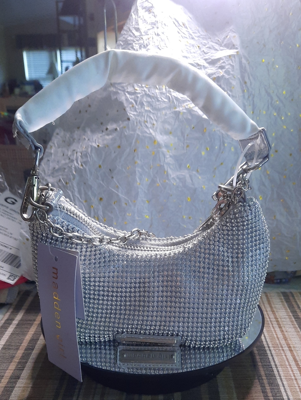 Madden Girl Silver Crystal-Embellished Mini Shoulder Bag